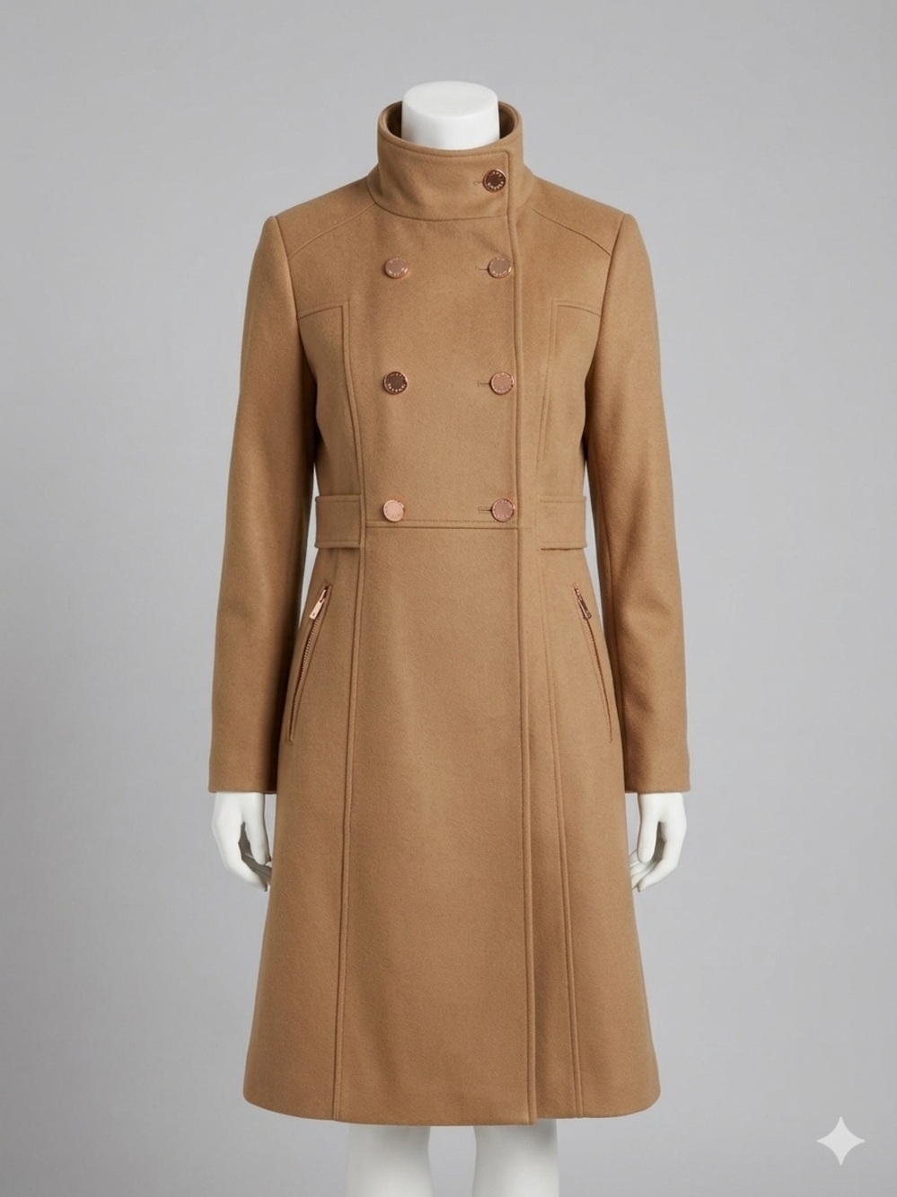 Eliza J Camel Double-Breasted Wool Trench Coat with Gold Buttons